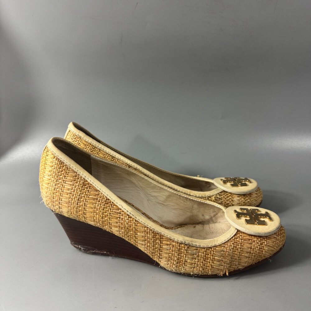 TORY BURCH Tory Burch Beige White Jute Leather Wedge Pumps, Women’s SZ 9 - Picture 4 of 16